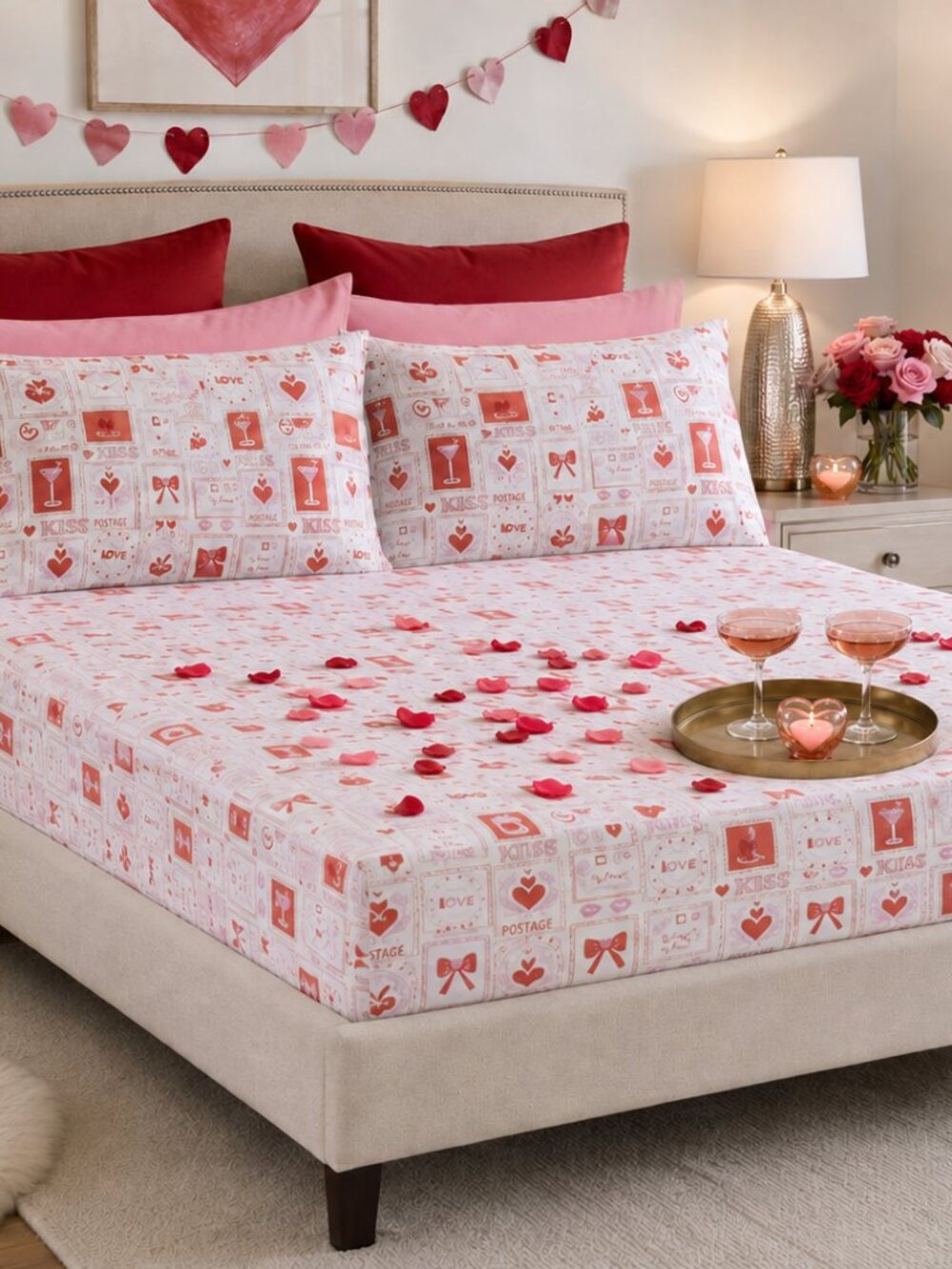 NWT - Envogue Queen Sheet Set with Storage Bag - Valentine's Day Stamp Print